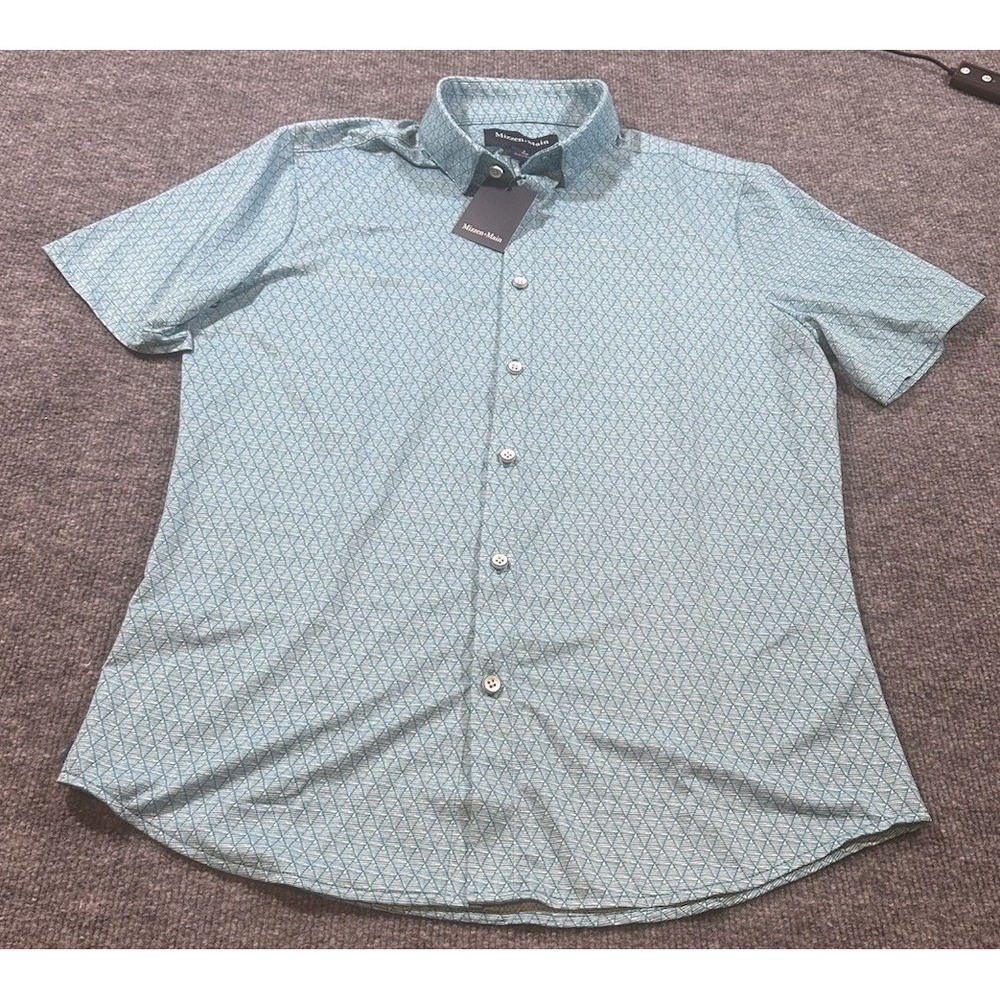 Mizzen + Main Mens Small  Trim S/S Halyard Button Up Dress Shirt Blue Geometric